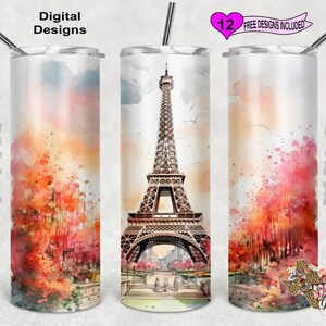 Eiffel Tower Tumbler Wrap, Watercolor Tumbler Wrap, 20 oz Skinny Tumbler Sublimation Design, Seamless Pattern
