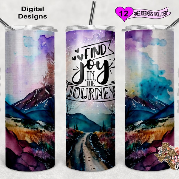 Mountain Tumbler Wrap, Find Joy In The Journey Tumbler PNG, Watercolor Tumbler Wrap, 20 oz Skinny Tumbler Sublimation Design,