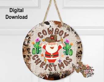 Colgador de puerta de sublimación redonda Diseño de Papá Noel para espacios en blanco de tableros duros, corona de Navidad de vaquero, descarga digital PNG, gráficos digitales