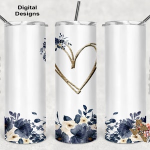 Navy Floral, Gold Heart, 20oz Skinny Tumbler, Sublimation Design, PNG, Instant DIGITAL ONLY