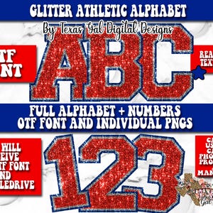Puede incluir: Letras del alfabeto deportivo de purpurina roja A, B y C con un contorno azul. Las letras están en una fuente en negrita, de bloque. Las letras están sobre un fondo blanco. El texto "OTF FONT" está en un cuadro rojo. El texto "REALISTIC TEXTURES" está en un cuadro rojo. El texto "FULL ALPHABET + NUMBERS OTF FONT AND INDIVIDUAL PNGS" está en un cuadro azul. El texto "YOU WILL RECEIVE THE OTF FONT AND A GOOGLEDRIVE" está en un cuadro rojo. El texto "CAN BE USED IN CANVA PHOTOSHOP PROCREATE AND MANY MORE" está en un cuadro rojo.