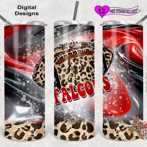 May include: A sublimation design for a tumbler featuring a red, white, and black swirl pattern with a football and the words "Falcons" in a leopard print. The design also includes a Texas flag and the words "Texas Girl".