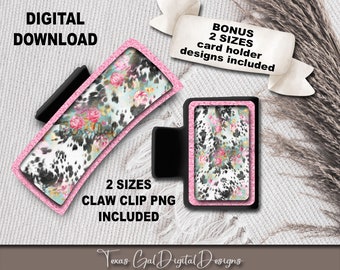 Floral Cow Print Hair Clip Sublimation Design, Large Small Hair Claw PNG, Boho PNG, Hair Clip Sublimation Design, Digital Download