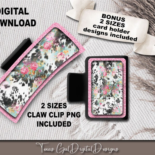 Floral Cow Print Hair Clip Sublimation Design, Large Small Hair Claw PNG, Boho PNG, Hair Clip Sublimation Design, Digital Download