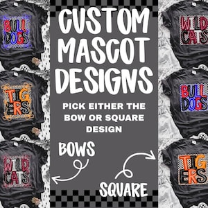 Puede incluir: Camisetas negras con varios diseños de mascotas, incluyendo "Bulldogs", "Tigers" y "Wildcats". Los diseños presentan texto en negrita y acentos coloridos. La imagen también muestra el texto "Custom Mascot Designs".