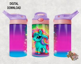 May include: A purple, pink, and blue water bottle with a rainbow unicorn design. The bottle has a straw lid and a carrying handle.