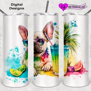 Französische Bulldogge Tumbler Wrap, Strand Tumbler Wrap, Aquarell Tumbler Wrap, 20 oz Skinny Tumbler Sublimation Design, nahtloses Design