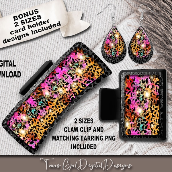 Multi Color Glitter Leopard Hair Clip And Earring Bundle Sublimation, Earring PNG, Large Small Hair Claw PNG, Digital Download