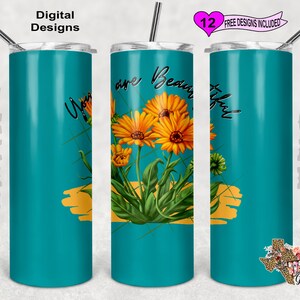 Floral Tumbler Wrap, Sunflower Tumbler PNG, You Are Beautiful, 20 oz Skinny Tumbler Design, Sublimation PNG, Seamless Pattern