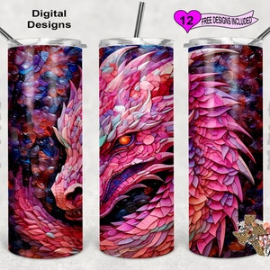 ピンクドラゴンタンブラー、水彩タンブラーラップ、20オンス昇華タンブラーPNG、シームレスデザイン