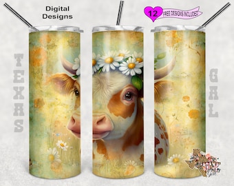 Kuh Tumbler Wrap, Blumen Tumbler Wrap, Aquarell Tumbler Wrap, 20 oz Skinny Tumbler Sublimation Design, nahtloses Muster