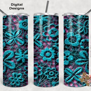 20 oz Skinny Tumbler Lace Teal Glitter Floral Seamless Tumbler Sublimation Digital Download PNG