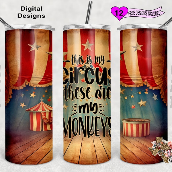 This Is My Circus These Are My Monkeys Tumbler Wrap, Watercolor Tumbler Wrap, 20oz Sublimation Tumbler PNG, Seamless Design