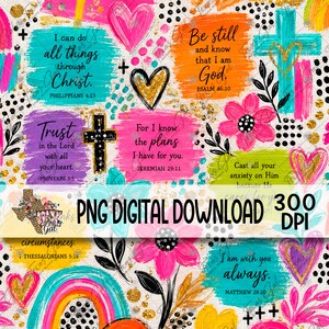 Pode incluir: Um arquivo de design digital com fundos de pinceladas coloridas, versículos bíblicos cristãos, corações, cruzes, flores e arco-íris. O texto inclui passagens bíblicas como Filipenses 4:13, Salmo 46:10, Provérbios 3:5, Jeremias 29:11 e Mateus 28:20, com o texto PNG DIGITAL DOWNLOAD 300 DPI.