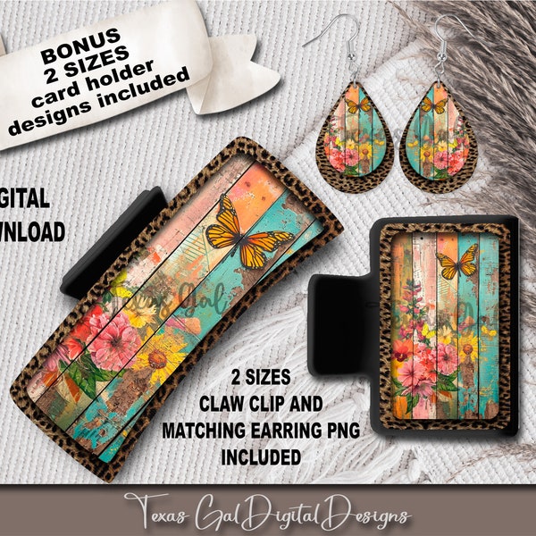 Flowers Leopard Hair Clip Earring Sublimation Bundle, Large Small Hair Claw PNG, Earring PNG, Hair Clip Sublimation Design