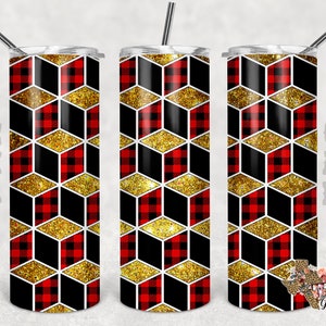 20 oz Skinny Tumbler Cube Silver and Gold Buffalo Plaid Sublimation Design PNG Instant DIGITAL ONLY