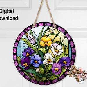 Sublimation Round Door Hanger Design PNG, Stain Glass Pansies Sublimation Design, 10 Inch Hardboard Blank Design, Digital Download