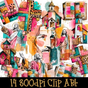 May include: A digital art collage featuring religious imagery. The artwork includes depictions of Jesus, churches, crosses, and open books, with a vibrant color palette of pink, teal, and gold. The text "14 300dpi CLIP ART" is at the bottom.