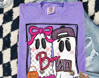 Halloween PNG, Boo Ya PNG, Fantasmas, Esqueleto coqueto preppy PNG, Espeluznante PNG, Halloween moderno PNG, Diseño de camiseta de Halloween para chicas
