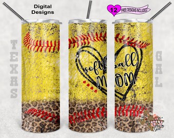 Puede incluir: Un juego de tres vasos de acero inoxidable con un diseño amarillo, marrón y rojo. Los vasos presentan una pelota de softbol con el texto "Softball Mom" en forma de corazón.