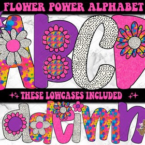 Retro Flower Doodle Alphabet PNG, Alpha Bundle Set, Doodle Letters, Commercial Use, Flower Power Alpha PNG, Trendy, Printable Alphabet Font