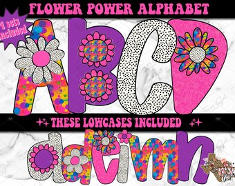 May include: A colorful digital design featuring the uppercase letters A, B, C, and D, along with lowercase letters d, o, t, i, m, and h. The letters are decorated with flower designs and vibrant patterns. The text "FLOWER POWER ALPHABET" and "THESE LOWCASES INCLUDED" are also present.