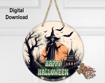 Round Sublimation Door Hanger Halloween Design for Hardboard Blanks, Happy Halloween Wreath PNG, PNG Digital Download, digital graphics
