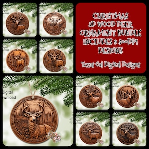 Christmas Ornament Bundle PNG, Sublimation Design Bundle, Christmas 3D Wood Deer Ornament Bundle PNG, Ornament Bundle, Digital Download