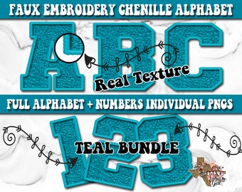 Faux Embroidered Chenille Alphabet Set, Teal Chenille Embroidered Varsity Patch Letters PNG, Printable Alphabet Font Bundle