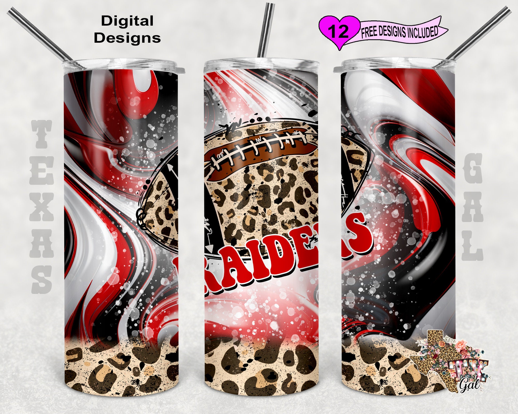 Football Raiders Tumbler Wrap, Red White Black Tumbler, Watercolor Tumbler Wrap, 20 oz Skinny Tumbler Sublimation Design, Seamless Pattern