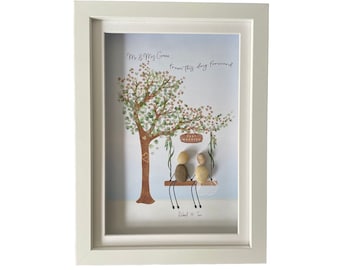 Pebble Art Personalised Wedding Tree Picture. Framed Customised watercolour artwork. Stunning Wedding Anniversary Valentines gift present