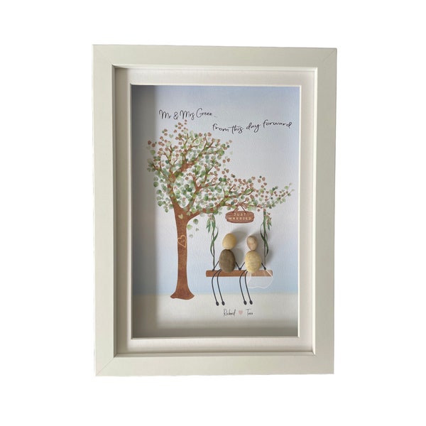Pebble Art Personalised Wedding Tree Picture. Framed Customised watercolour artwork. Stunning Wedding Anniversary Valentines gift present