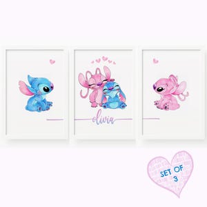 May include: Set of three printable wall art prints featuring Stitch and Angel from Lilo & Stitch. The prints are in a watercolour style and feature the characters in various poses. The middle print includes the name "Olivia".