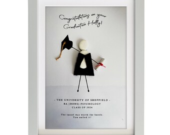 Graduation Pebble Art Personalised Picture Custom Gift for graduate degree, diploma, school leaver, university, college. Framed and Mounted