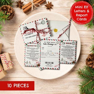Cartas MINI de DUENDE de Natal para crianças 10 peças, 2 cartas de chegada e despedida, 2 envelopes, barbante, 4 relatórios de elfo. Elfo personalizado na prateleira