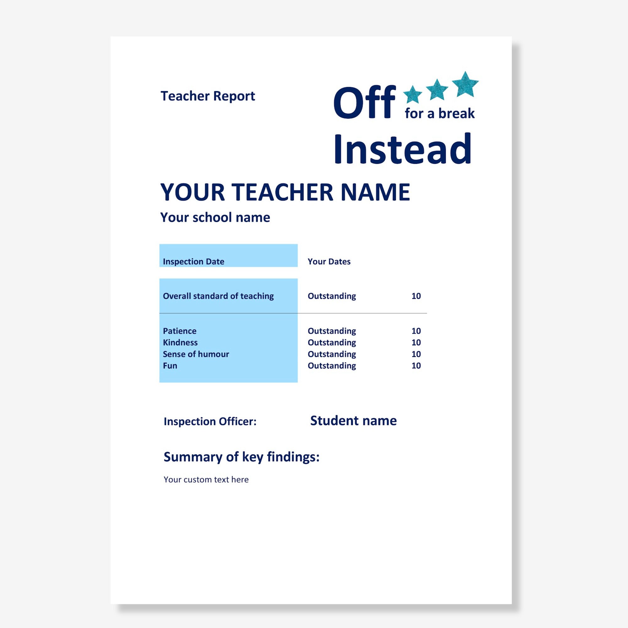Teacher Gift. Personalised Custom Report Card. Quality End of School ...