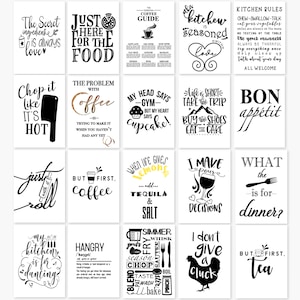 Può includere: Un set di 16 cartelli da cucina stampabili con testo in bianco e nero su sfondo bianco. I cartelli presentano varie citazioni e detti legati alla cucina, come "Just here for the food", "My head says gym, but my heart says cupcake", e "What the is for dinner?"