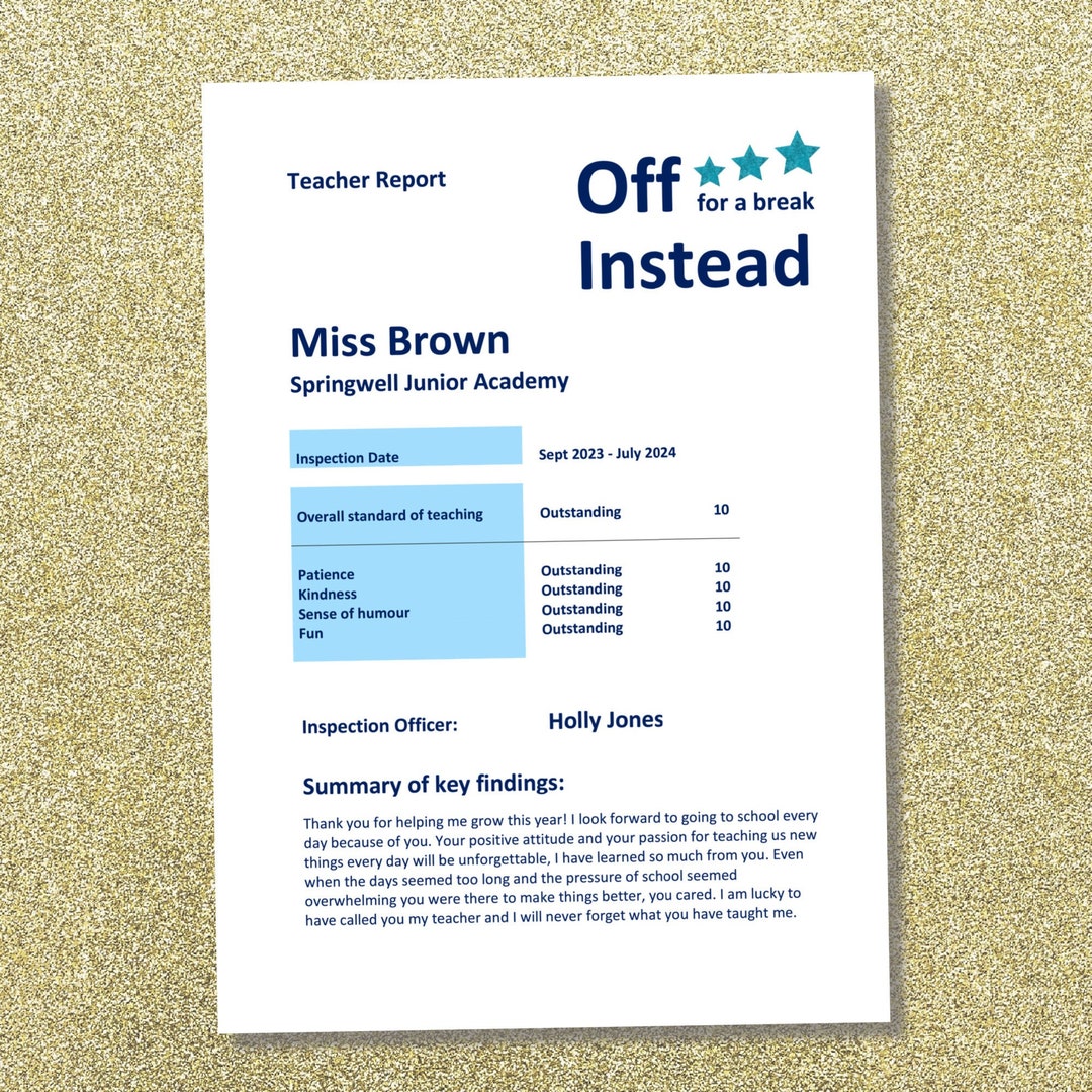 Teacher Gift. Personalised Custom Report Card. Quality End of School ...