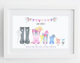 Impresión personalizada de botas de acuarela para la familia, regalo de Navidad