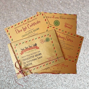 Carta, sobre, certificado y aviso de entrega personalizados de Papá Noel. Diseño vintage tradicional en blanco o marrón. Niños