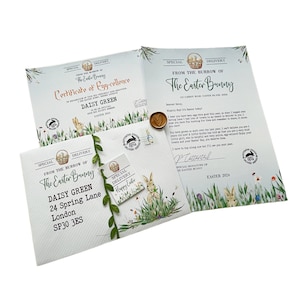 Carta, sobre, etiqueta para certificado y sello de lacre personalizados con forma de conejito de Pascua. Impresionante diseño infantil con forma de conejito de Pascua en acuarela.