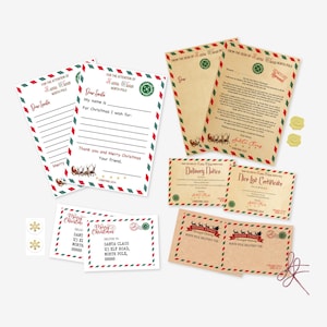Kit de escritura de cartas navideñas de Papá Noel para niños, 16 piezas, cartas, sobres, certificado, nota de entrega, cordel y pegatinas. Diseño vintage blanco
