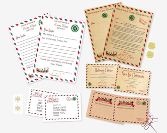 May include: A set of printable Christmas letter writing templates for kids to write to Santa Claus. The set includes a letter to Santa, a delivery notice, a nice list certificate, and two envelopes addressed to Santa Claus at the North Pole. The templates are decorated with red and green borders and festive illustrations.