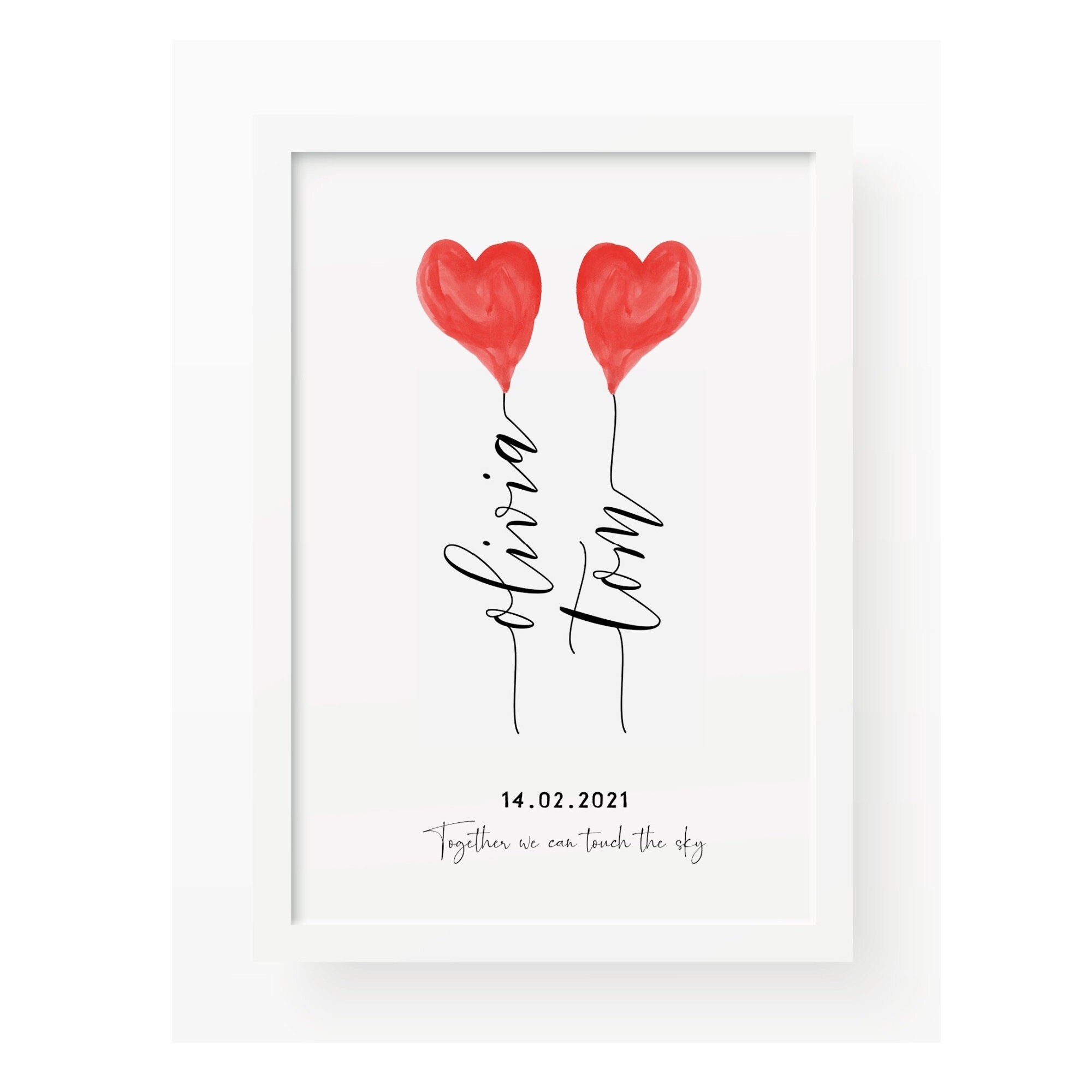 A4 & Framed Options Personalised Red Love Heart Balloon Family Print Watercolour Premium Picture A5 