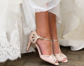 Bridal Shoes-  Diane - Blush Suede and Gold Shimmer T-Bar Shoes, Dress shoes, Evening shoes