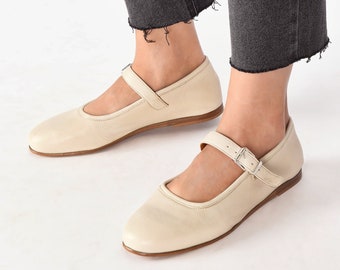 Ballerinas Leather Bone , Ankle strap ballet pumps, Leather Mary Jane