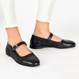 Ballerinas Leather Black , Ankle strap ballet pumps, Leather Mary Jane