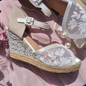 Wedding Wedge Shoes  with Pearl - Height 10 cm, Wedding Espadrilles, Boho Wedding
