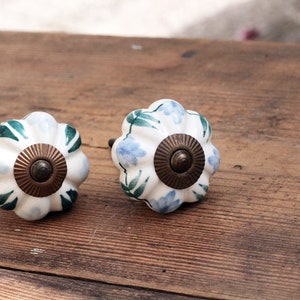 Könnte beinhalten: Zwei weiße Keramik-Schrankknöpfe mit Blumendesigns. Ein Knopf hat blaue Blumen und grüne Blätter, der andere hat grüne Blätter und blaue Akzente. Beide Knöpfe haben eine Messingmitte.
