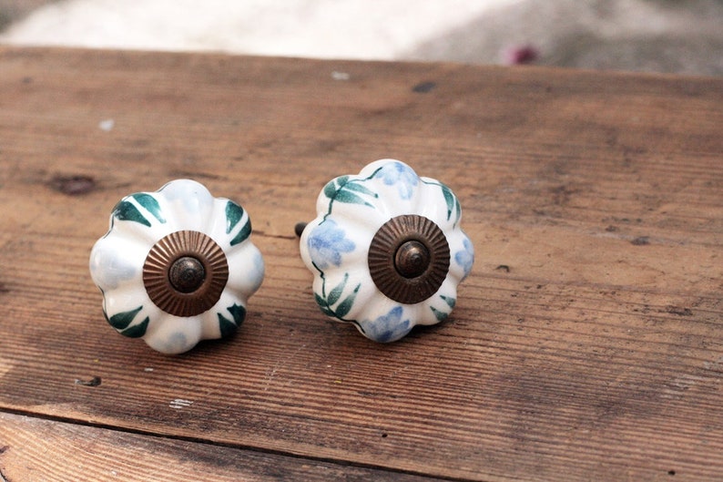 May include: Two white ceramic cabinet knobs with floral designs. One knob has blue flowers and green leaves, the other has green leaves and blue accents. Both knobs have a brass center.